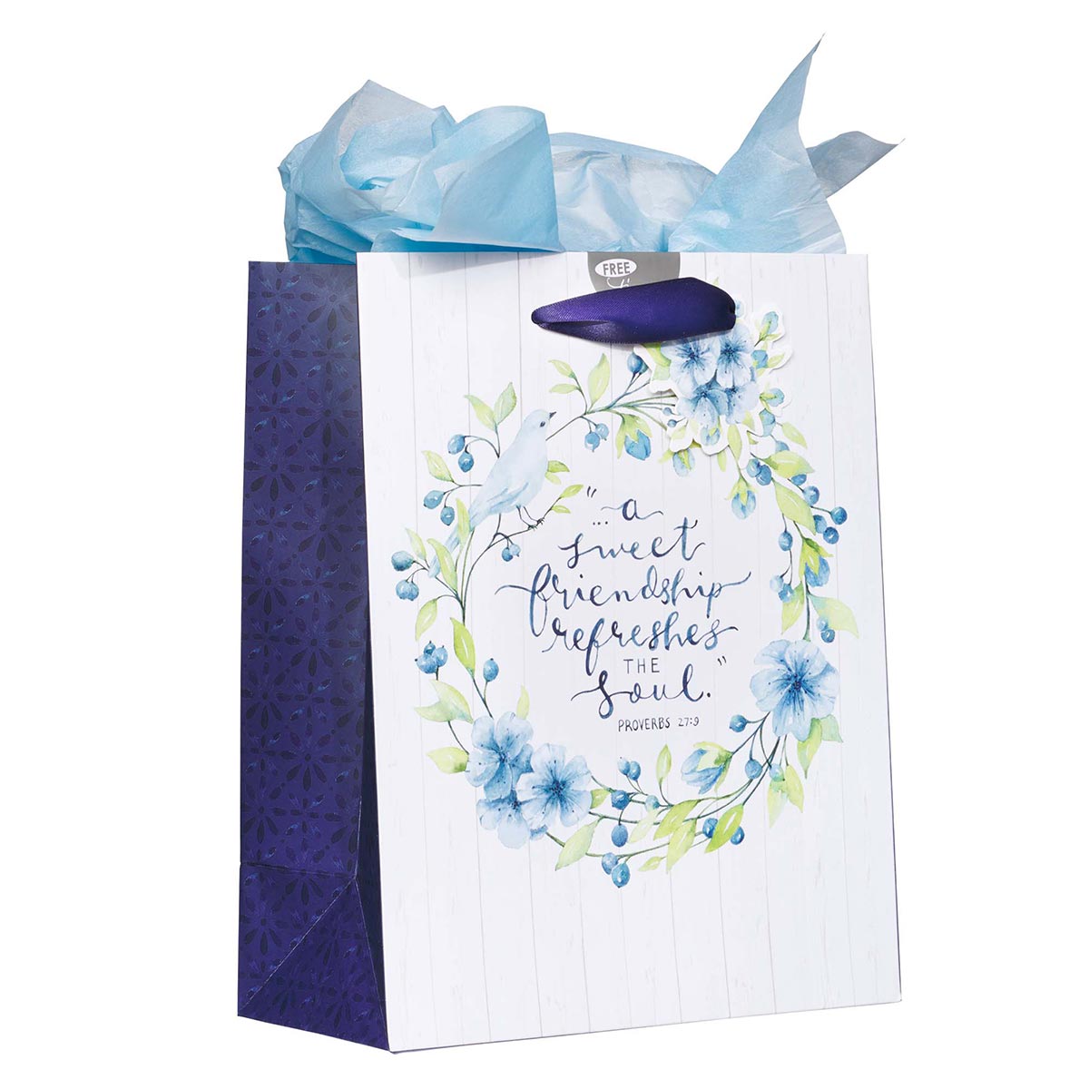 A Sweet friendship Medium Gift Bag in White and Blue with Tissue Paper - Proverbs 27:9