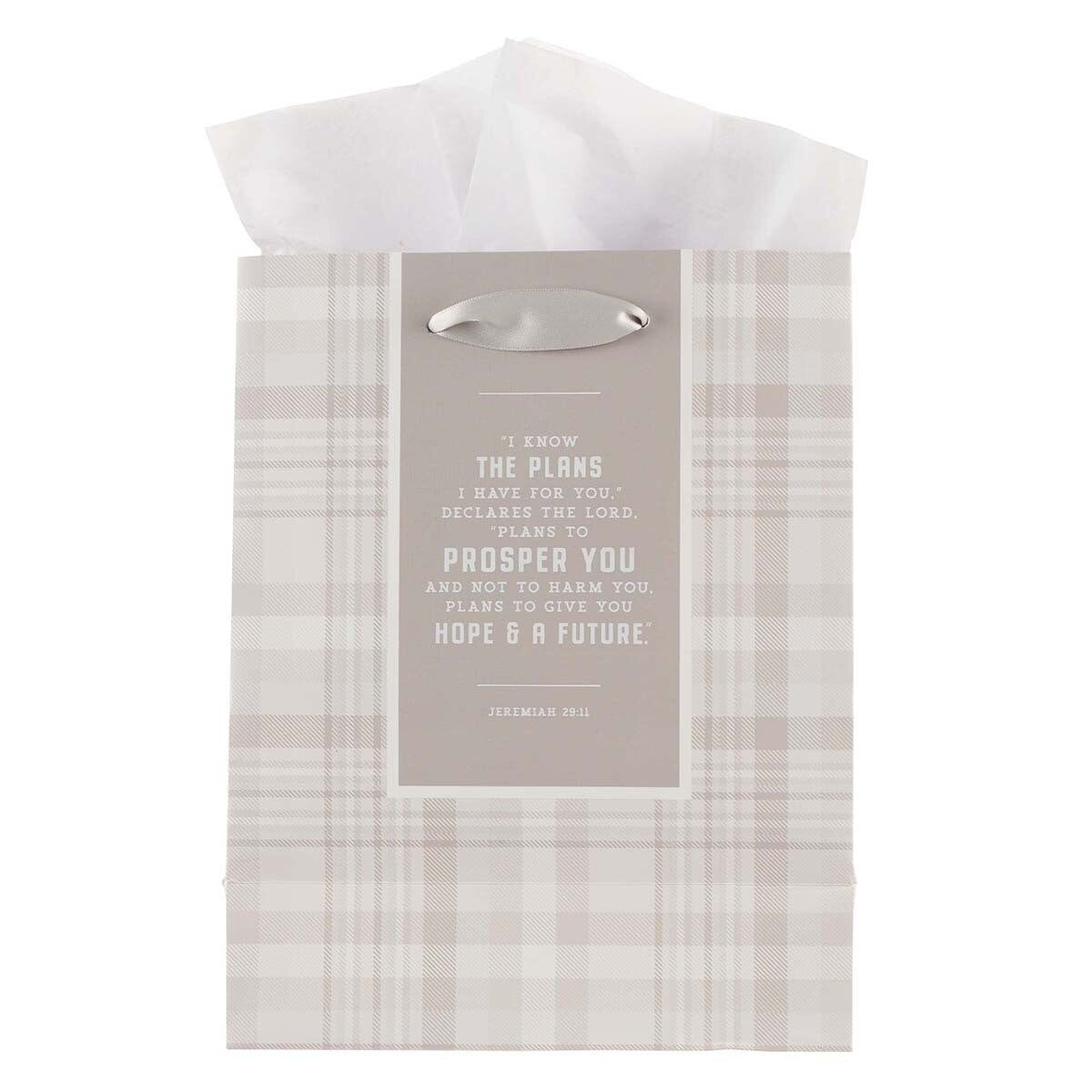 I Know the Plans Gray Plaid Medium Gift Bag - Jeremiah 29:11