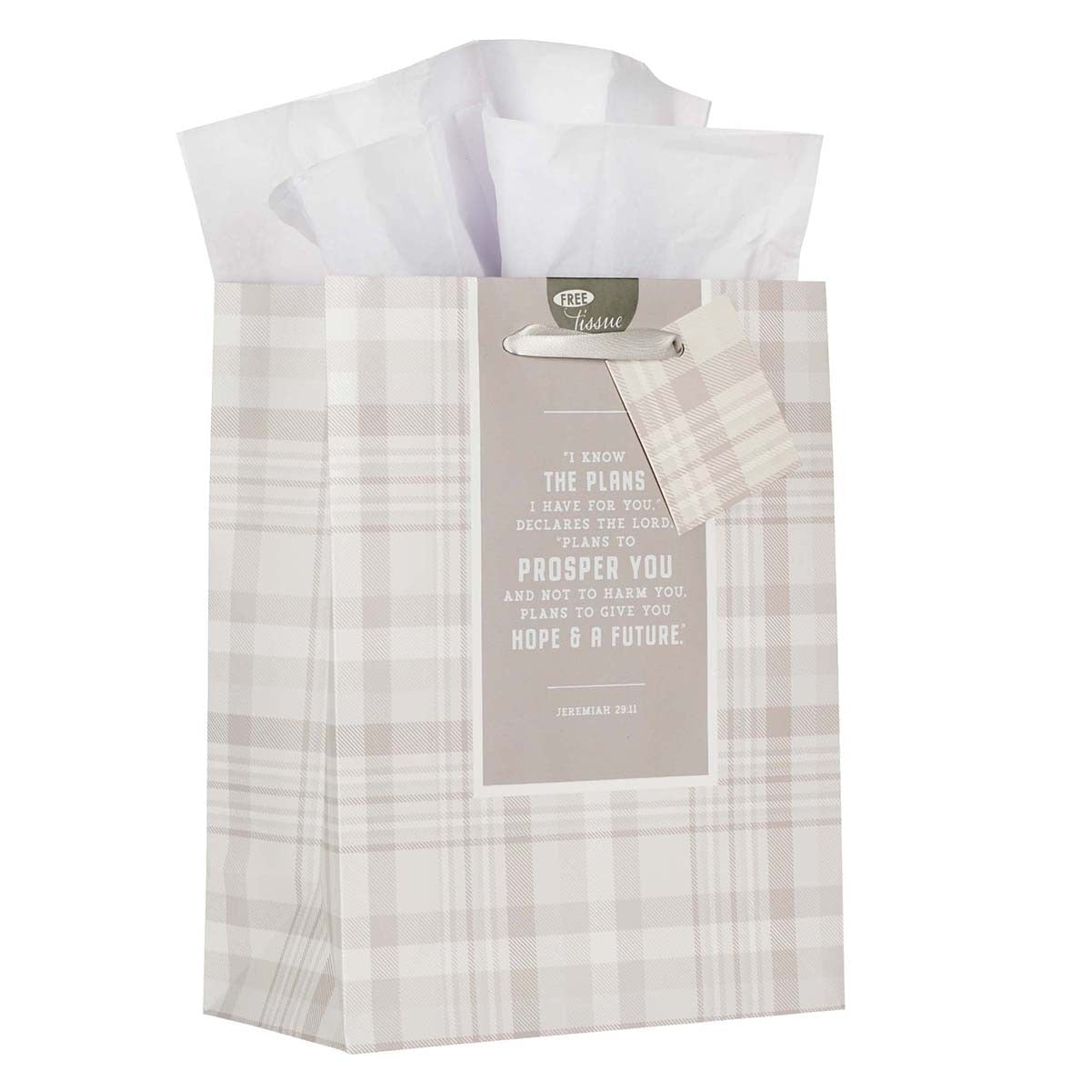I Know the Plans Gray Plaid Medium Gift Bag - Jeremiah 29:11