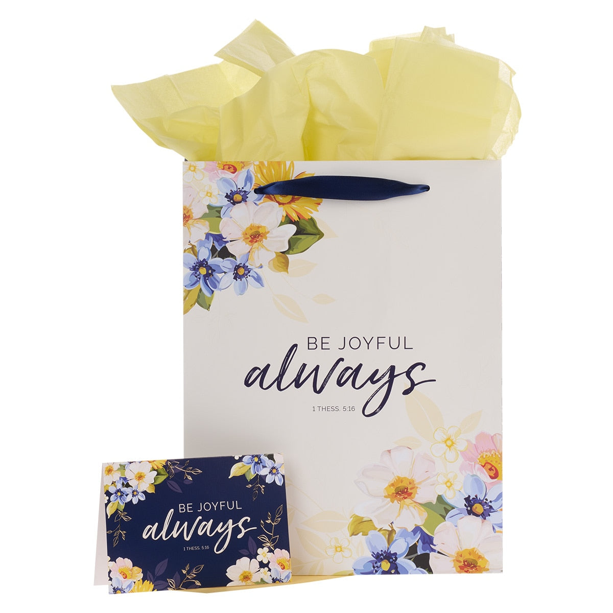 Be Joyful Always Yellow and Navy Blue Floral Portrait Gift Bag with Card Set – 1 Thessalonians 5:16