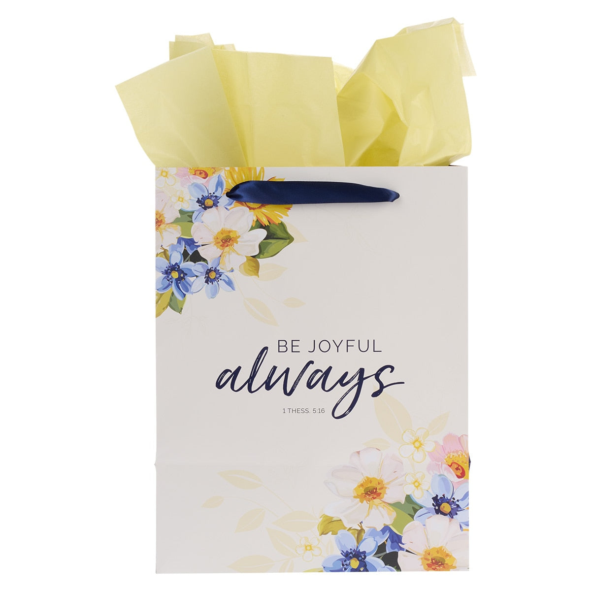 Be Joyful Always Yellow and Navy Blue Floral Portrait Gift Bag with Card Set – 1 Thessalonians 5:16