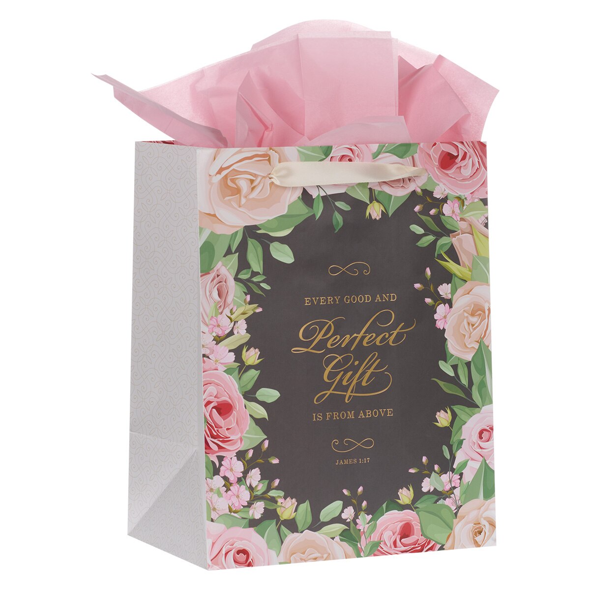 Perfect Gift Pink Rose Large Portrait Gift Bag with Card Set – James 1:17