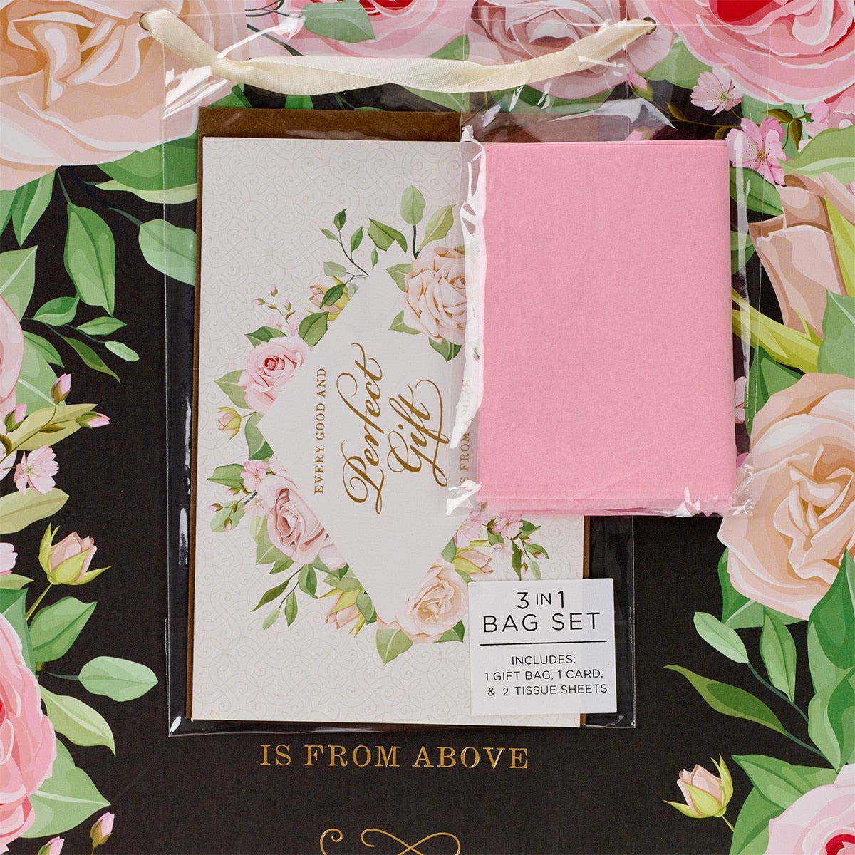 Perfect Gift Pink Rose Large Portrait Gift Bag with Card Set – James 1:17