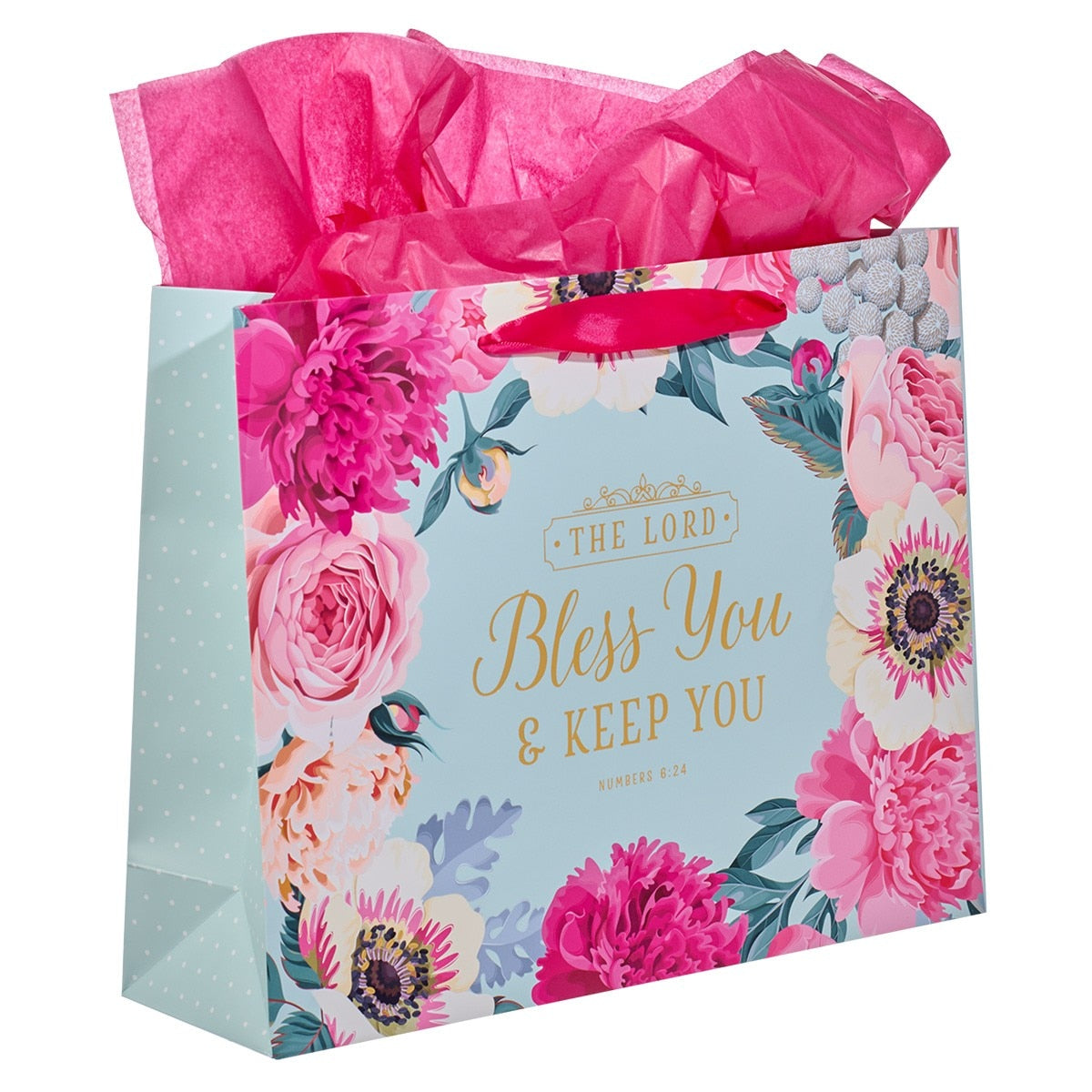 Bless You & Keep You Pink Floral Large Landscape Gift Bag with Card - Numbers 6:24