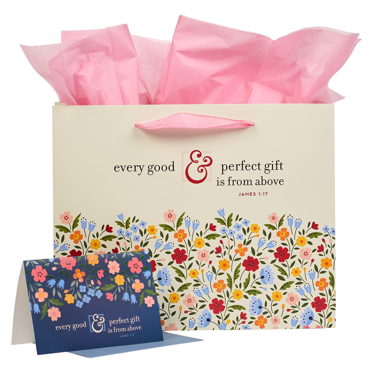 Every Good & Perfect Gift Peach Floral Large Landscape Gift Bag and Card Set - James 1:17