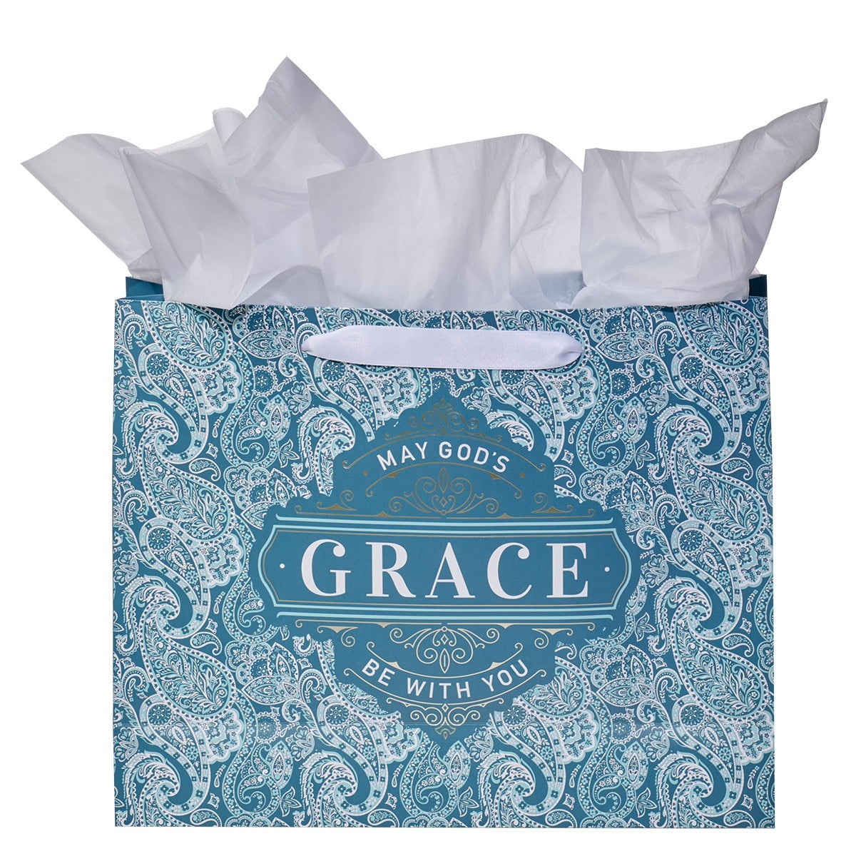 Teal Paisley God's Grace Large Landscape Gift Bag Set with Card