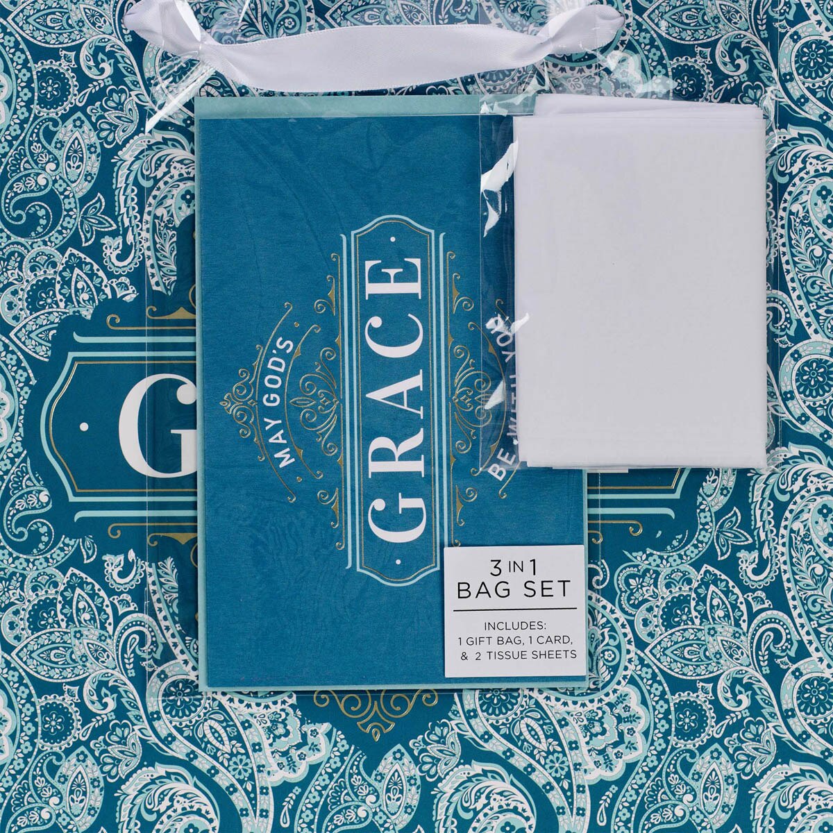 Teal Paisley God's Grace Large Landscape Gift Bag Set with Card