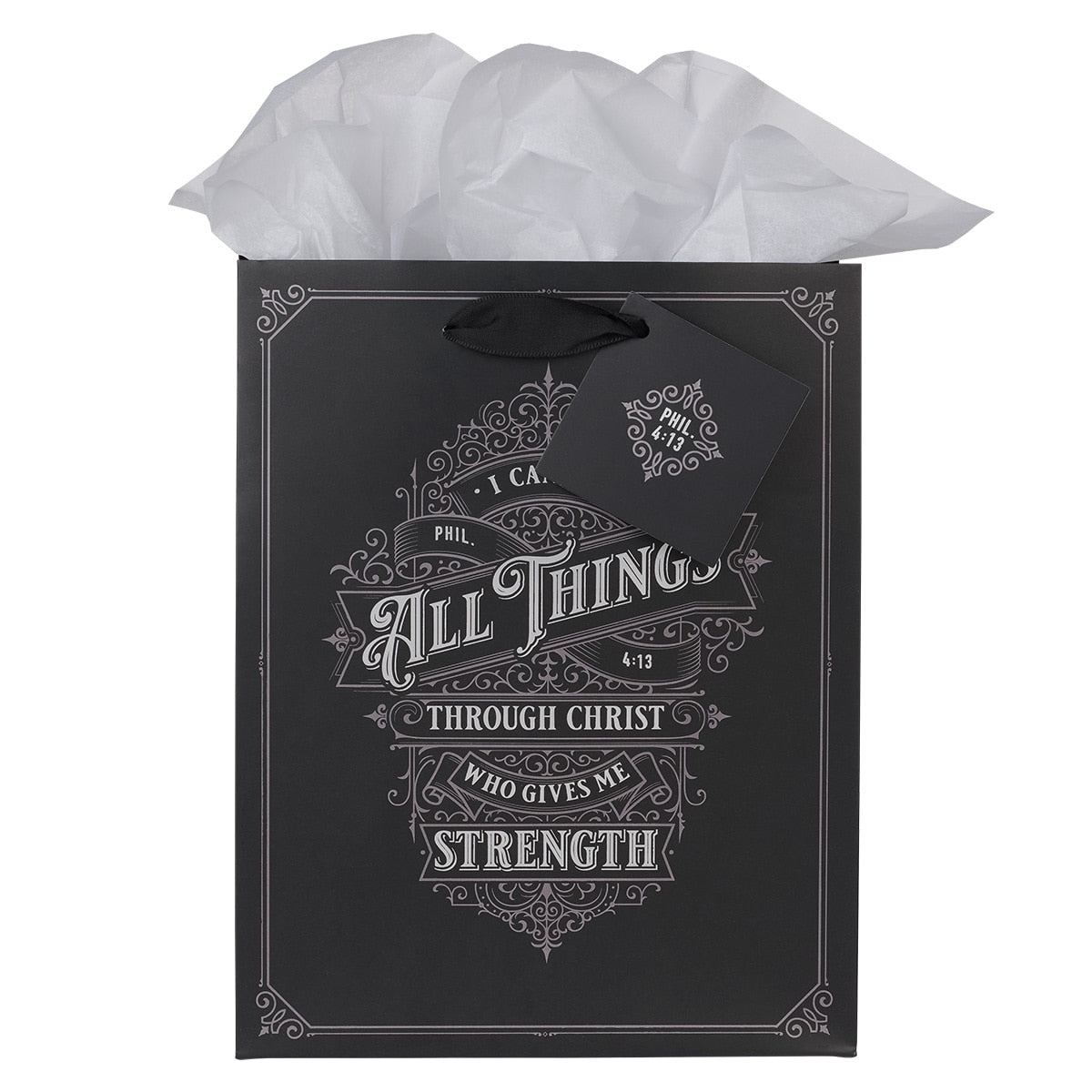 Through Christ Black and Silver Medium Gift Bag - Philippians 4:13