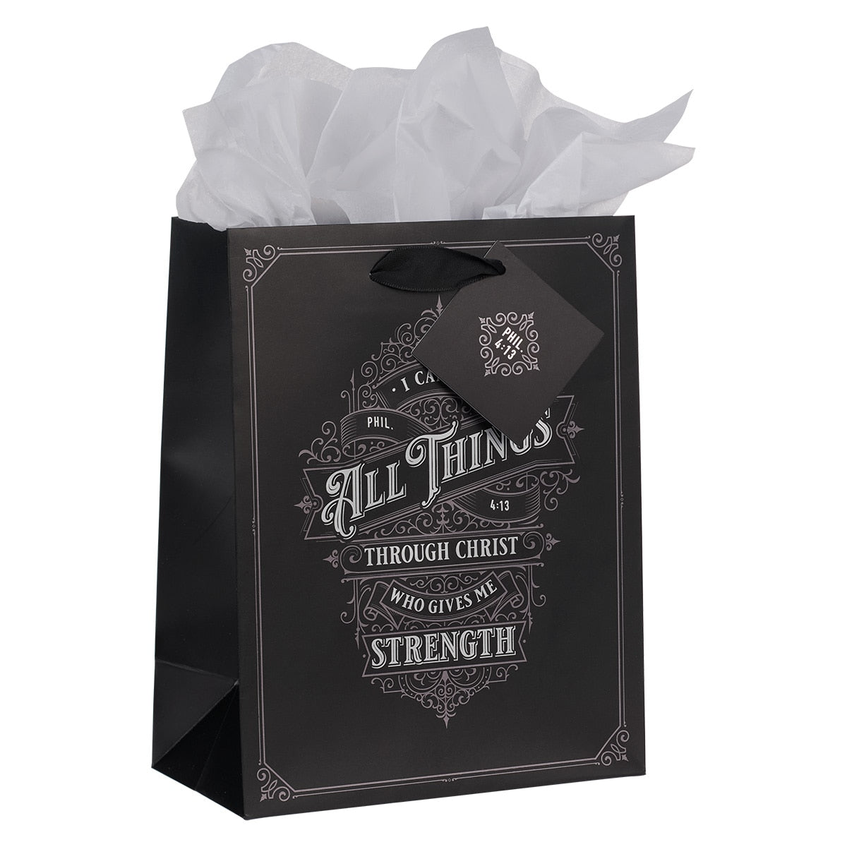 Through Christ Black and Silver Medium Gift Bag - Philippians 4:13