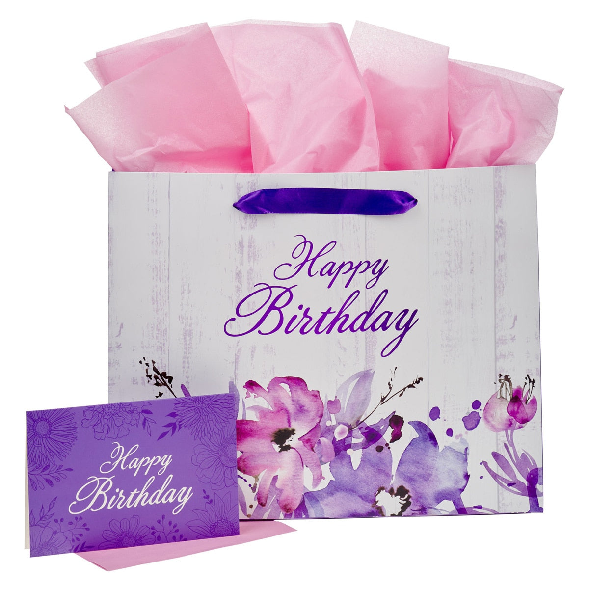 Happy Birthday Purple Floral Large Landscape Gift Bag and Card Set