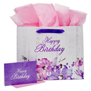 Happy Birthday Purple Floral Large Landscape Gift Bag and Card Set