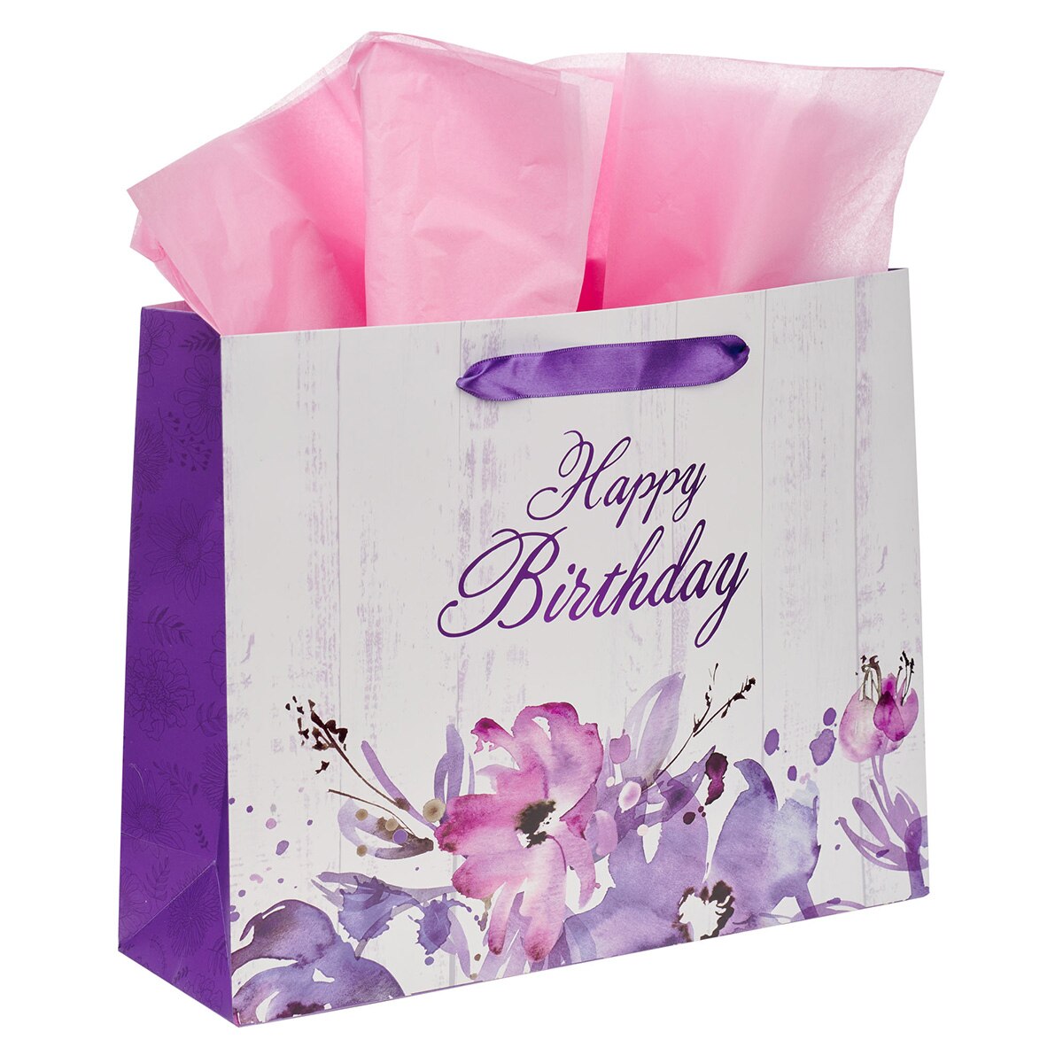 Happy Birthday Purple Floral Large Landscape Gift Bag and Card Set