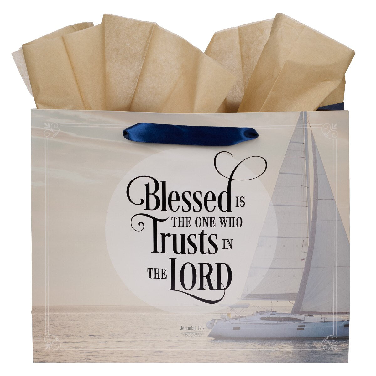 Blessed is the One Nautical Navy Large Landscape Gift Bag with Card - Jeremiah 17:7