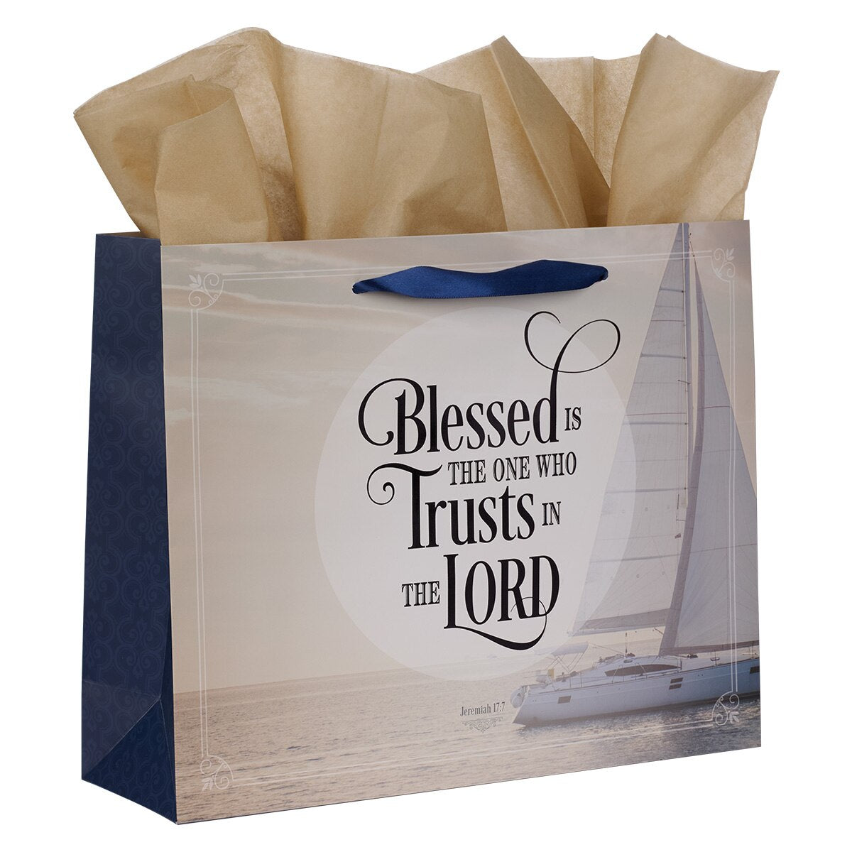 Blessed is the One Nautical Navy Large Landscape Gift Bag with Card - Jeremiah 17:7