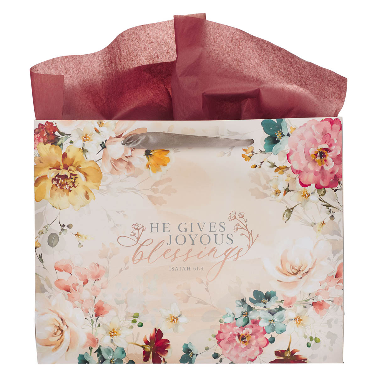 Joyous Blessings Floral Peach Large Landscape Gift Bag Set with Card - Isaiah 61:3