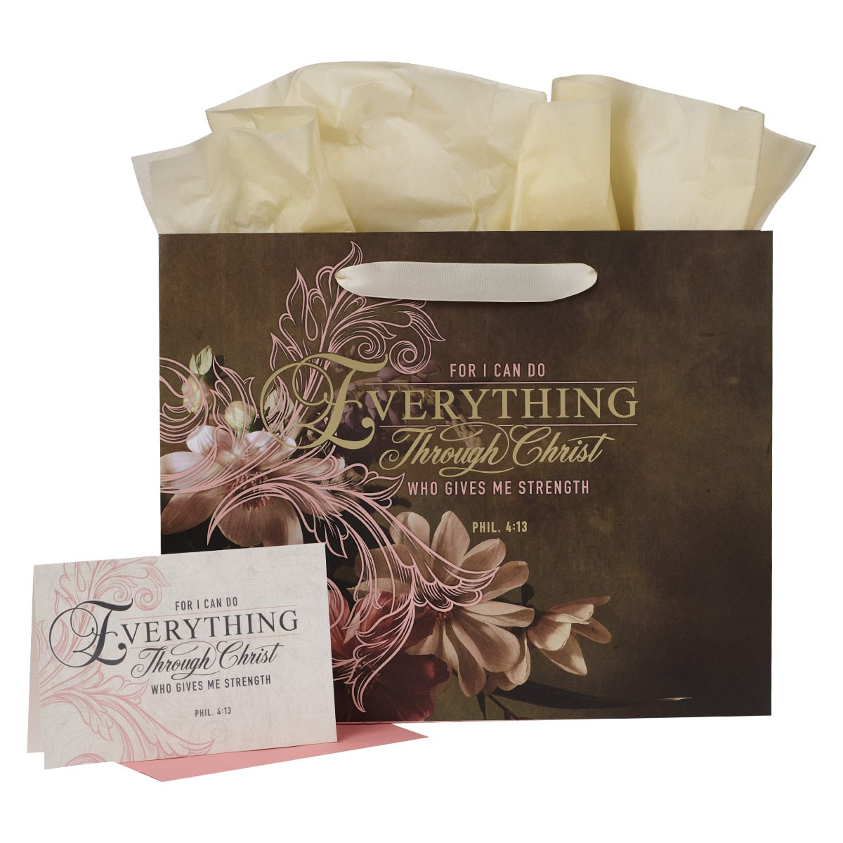 Through Christ Fluted Iris Brown and Pink Large Landscape Gift Bag with Card - Philippians 4:13
