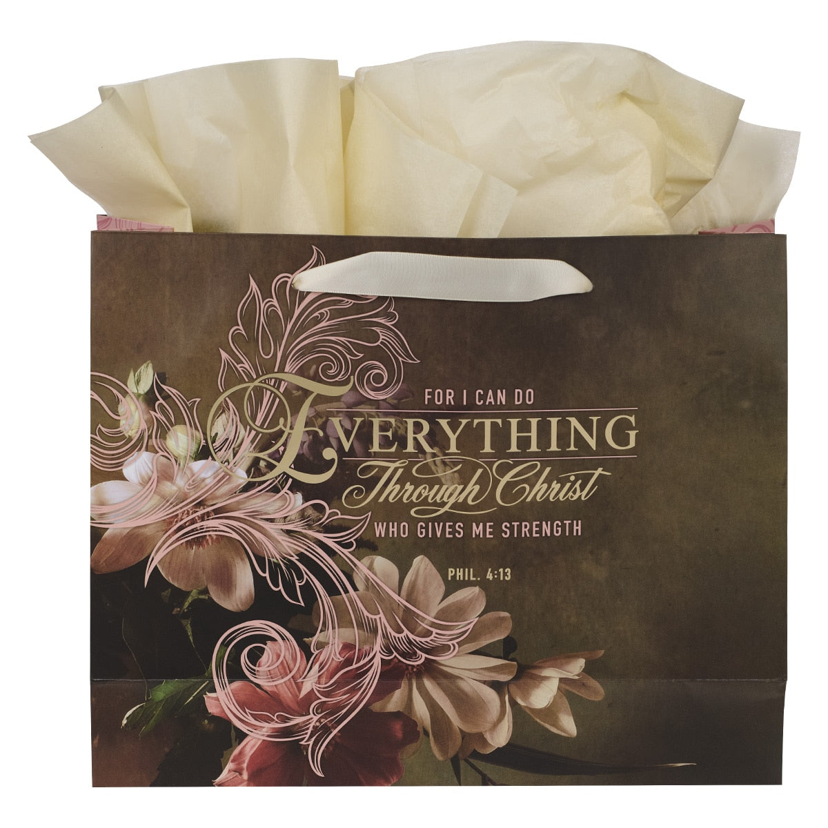 Through Christ Fluted Iris Brown and Pink Large Landscape Gift Bag with Card - Philippians 4:13