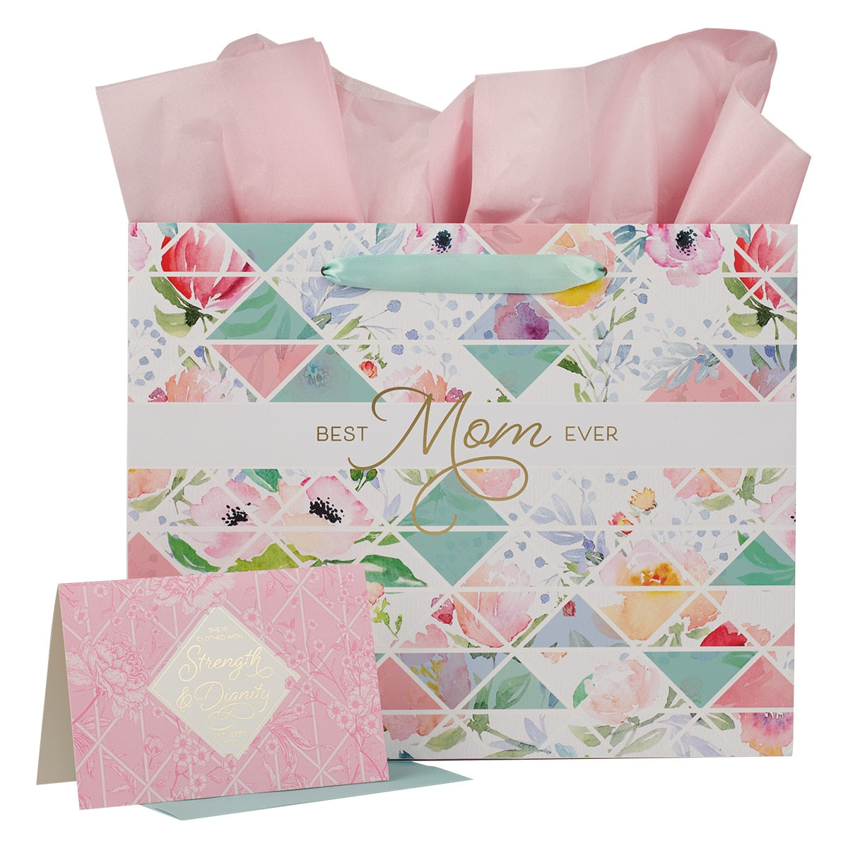 Best Mom Ever Pastel Diamond Large Landscape Gift Bag with Card - Proverbs 31:25