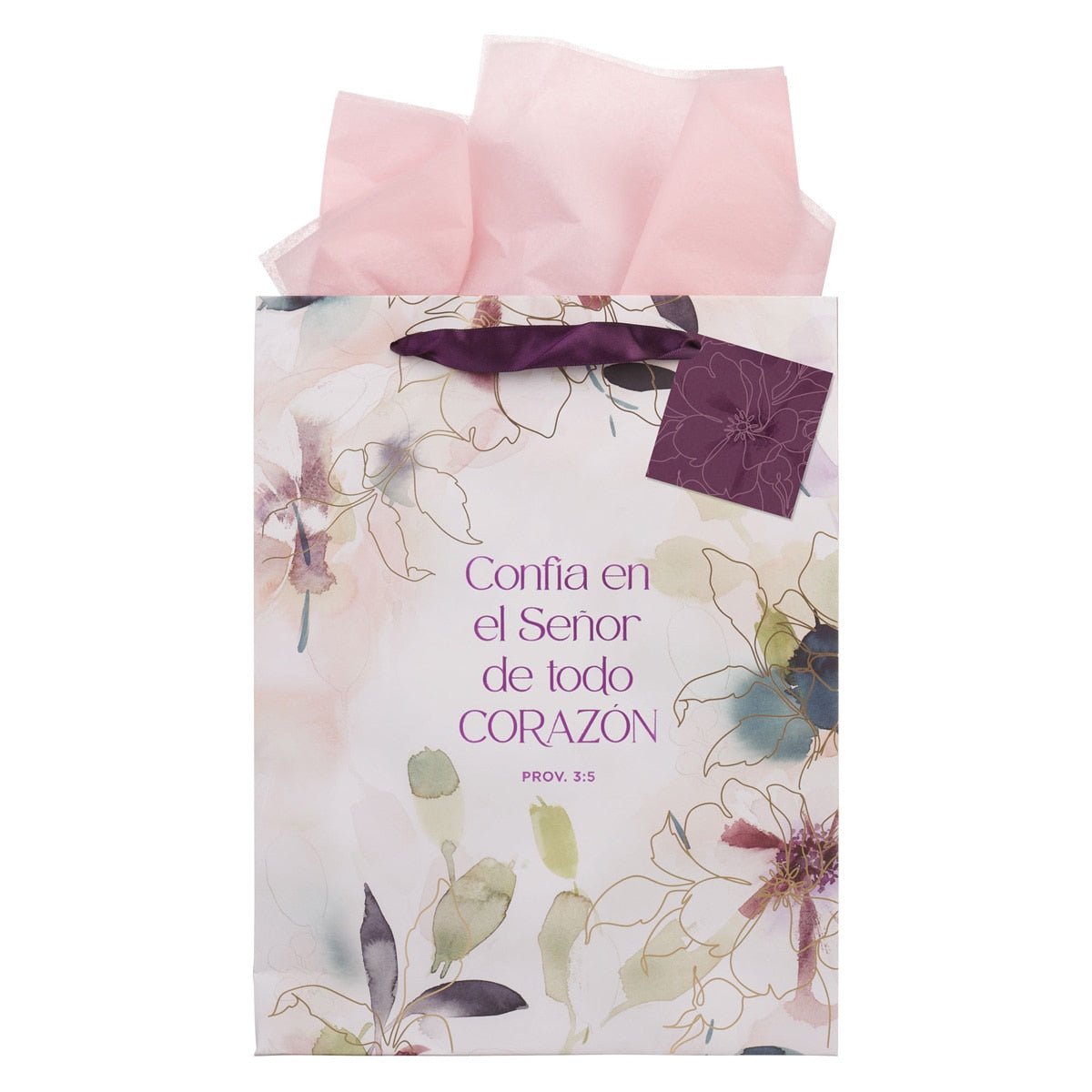 Bolsa de regalo vertical con Flor morada “Confía en el Señor” – Proverbios 3:5