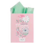 I Love You Mom Pink and White Daisy Medium Gift Bag - 1 Corinthians 13:4