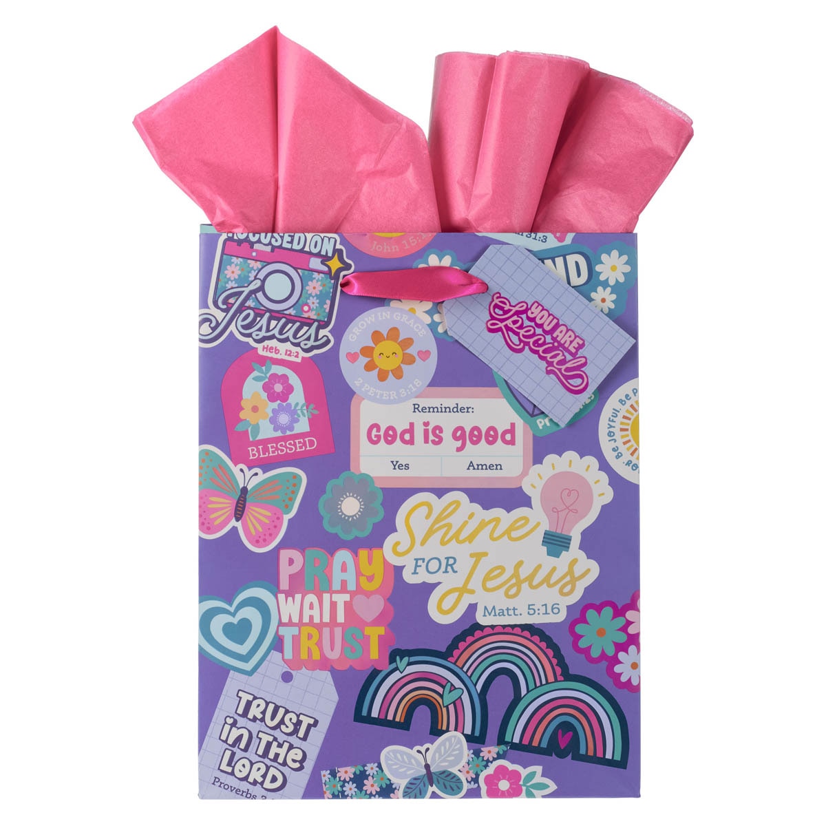 Shine for Jesus Purple Sticker Medium Gift Bag - Matthew 5:16