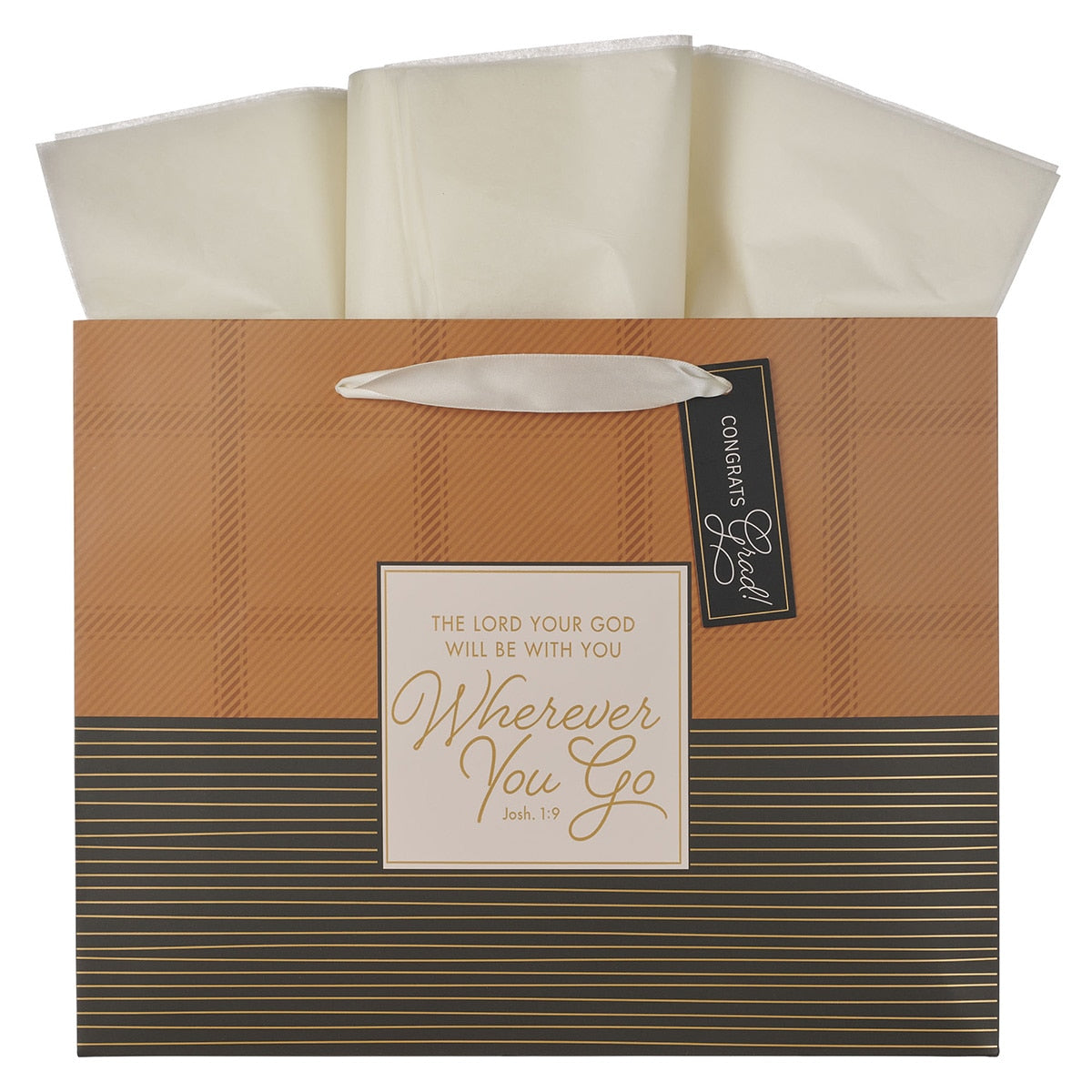 Wherever You Go Brown Striped Plaid Large Landscape Gift Bag - Joshua 1:9