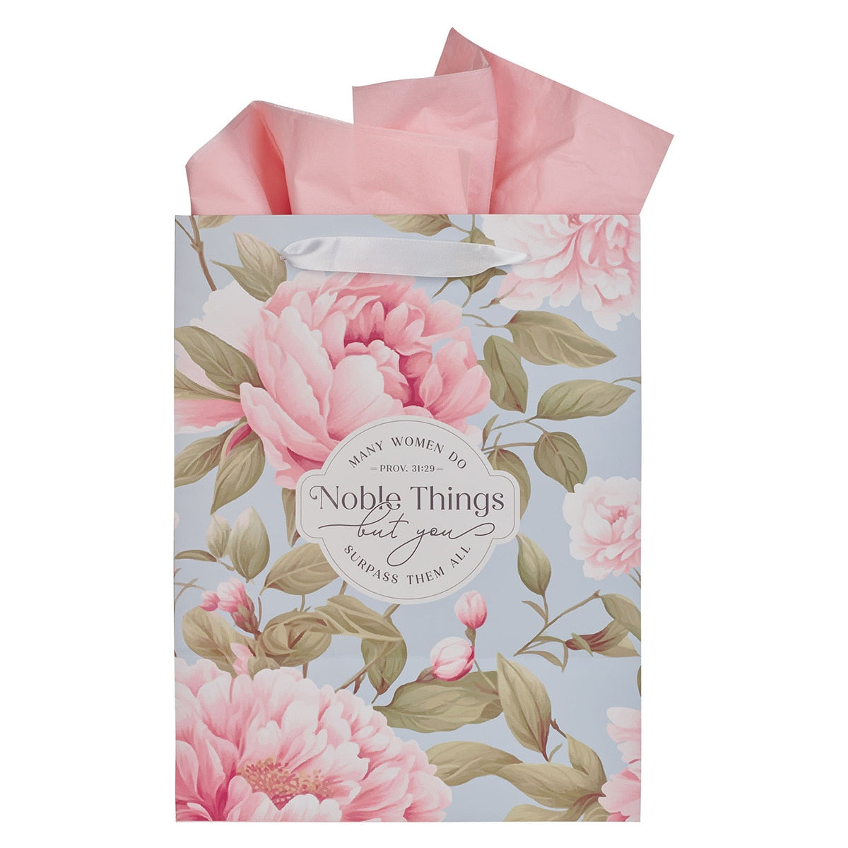 Noble Things Pink Peony Large Portrait Gift Bag - Proverbs 31:29