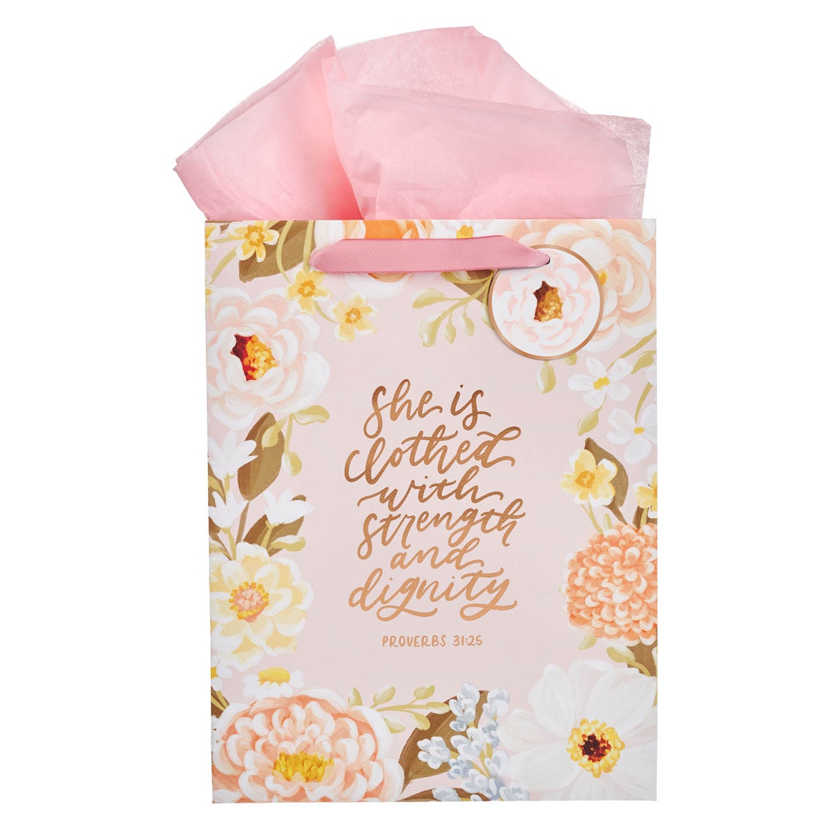 Strength and Dignity Pink Floral Large Portrait Gift Bag - Proverbs 31:25