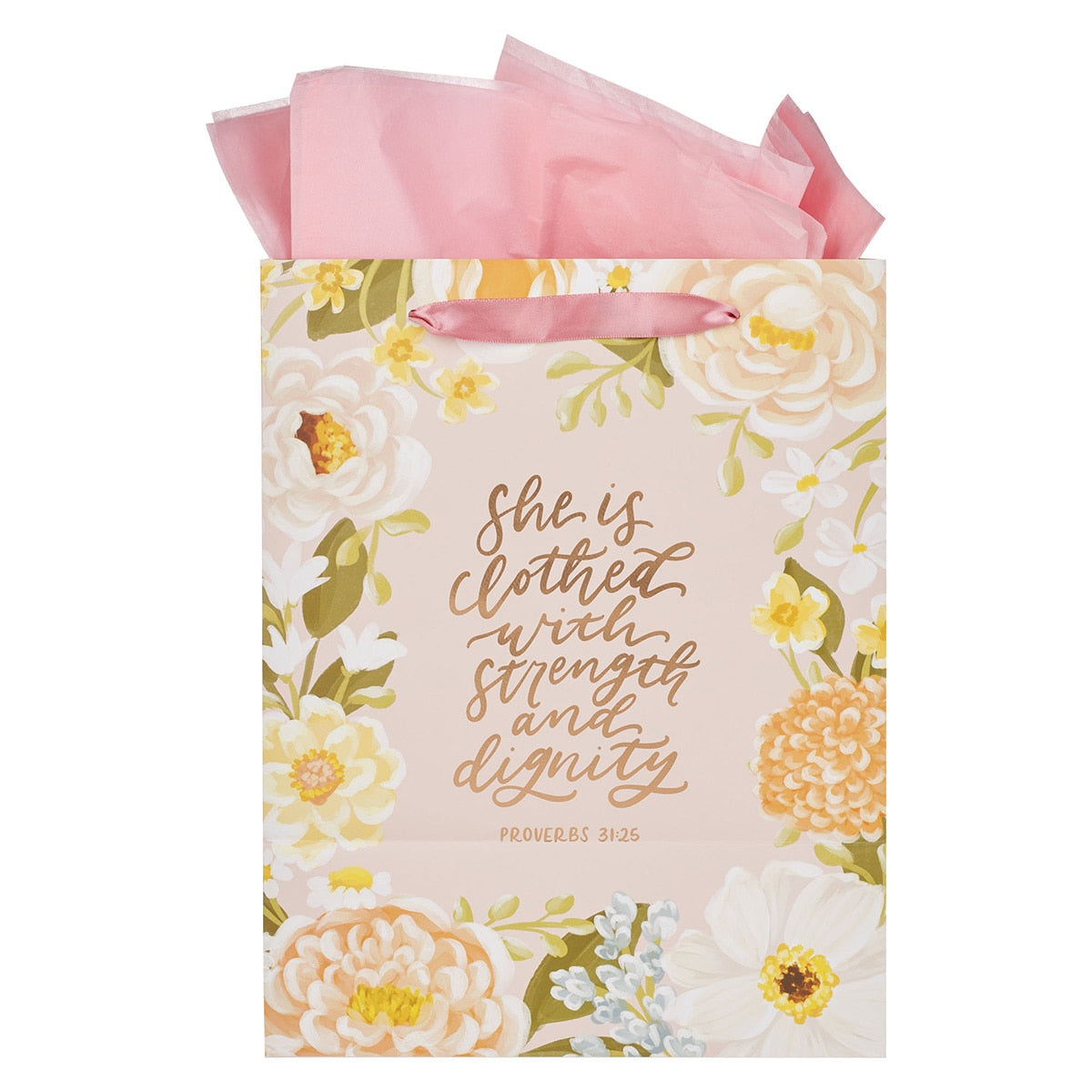 Strength and Dignity Pink Floral Large Portrait Gift Bag - Proverbs 31:25