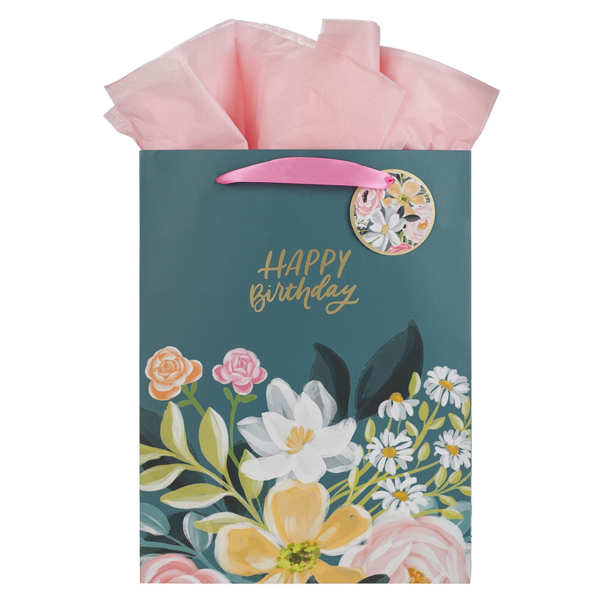 Happy Birthday Teal Floral Large Portrait Gift Bag