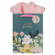 Happy Birthday Teal Floral Large Portrait Gift Bag