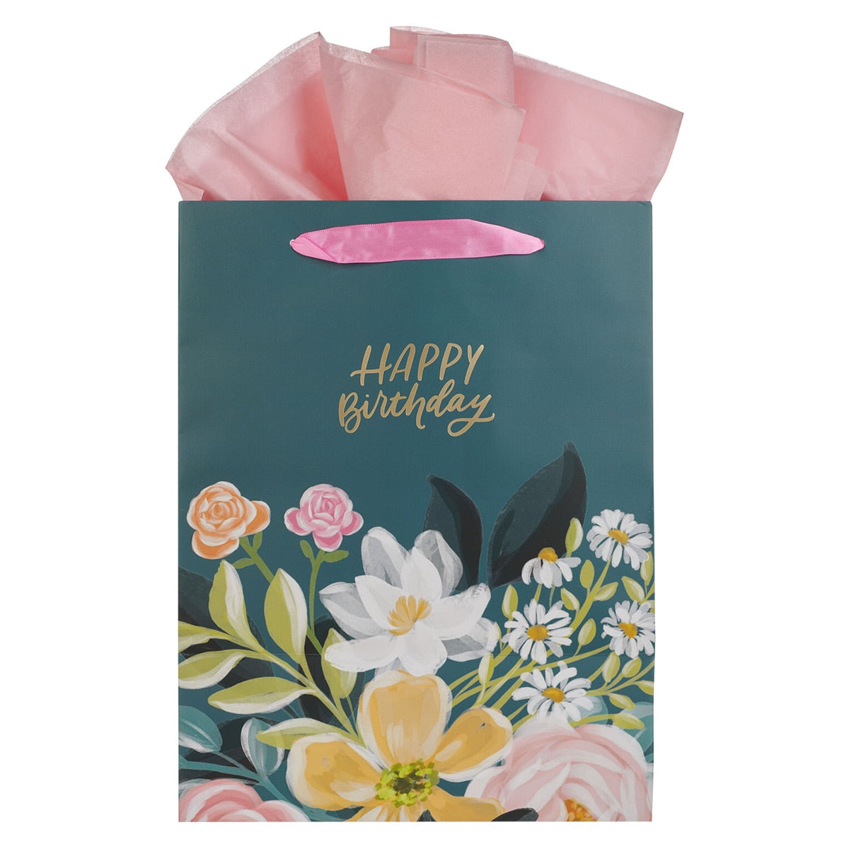 Happy Birthday Teal Floral Large Portrait Gift Bag