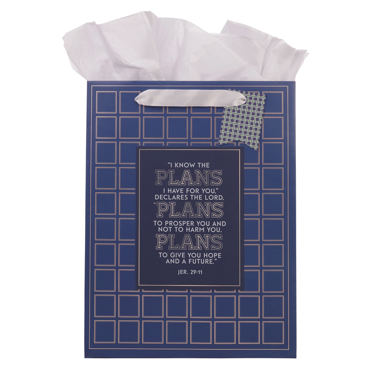 The Plans Modern Blue Grid Large Portrait Gift Bag - Jeremiah 29:11