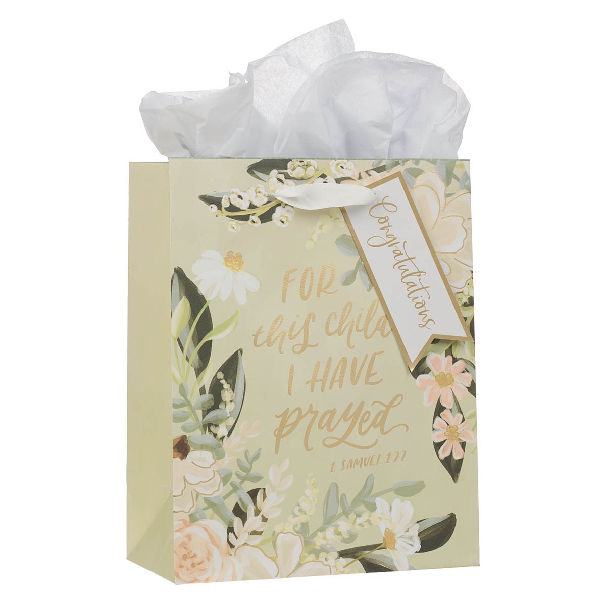 For This Child I Have Prayed Tan Floral Medium Gift Bag - 1 Samuel 1:27