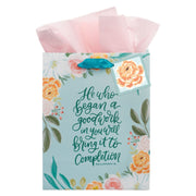 He Who Began a Good Work Turquoise Floral Medium Gift Bag - Philippians 1:6