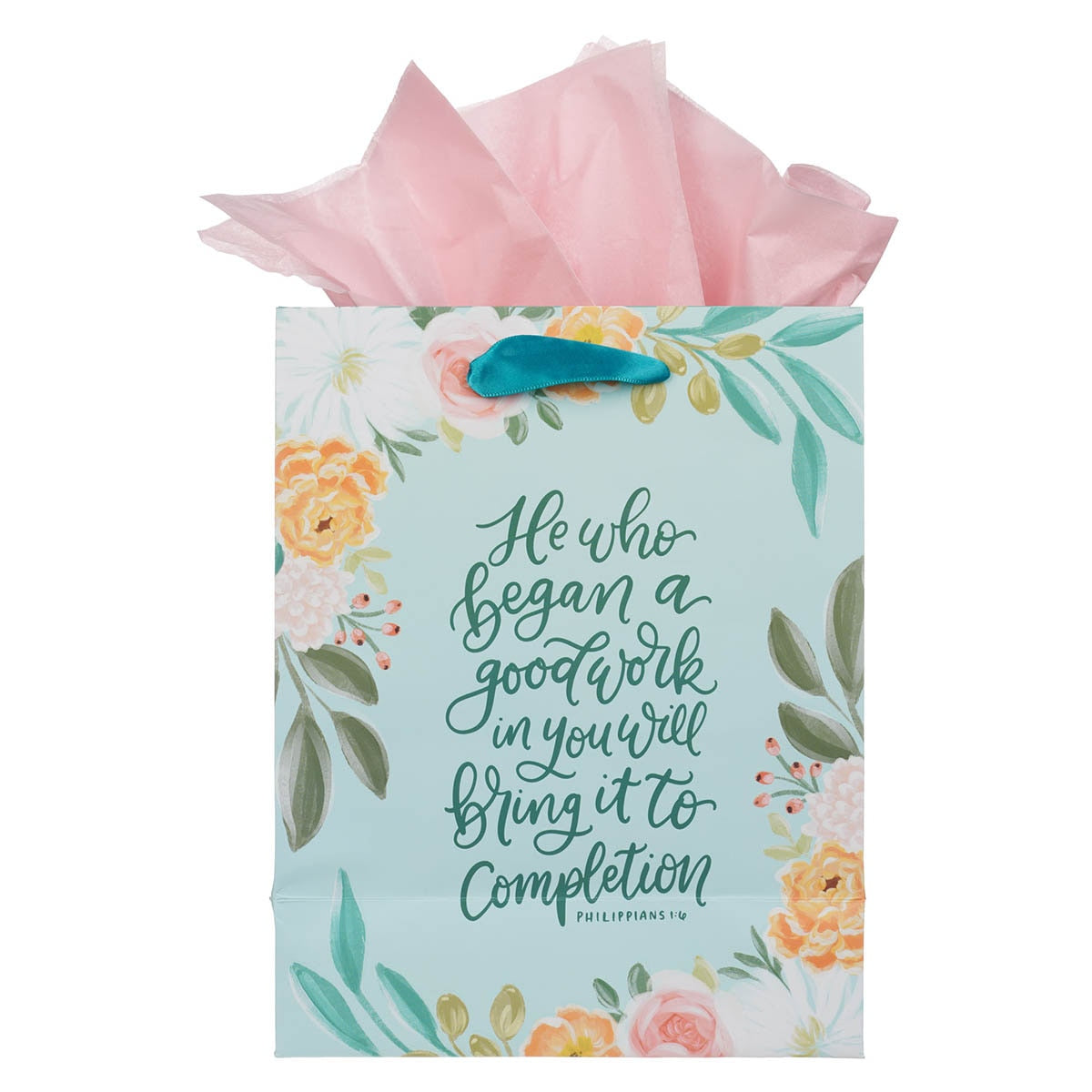 He Who Began a Good Work Turquoise Floral Medium Gift Bag - Philippians 1:6