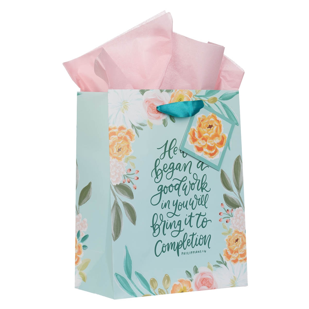 He Who Began a Good Work Turquoise Floral Medium Gift Bag - Philippians 1:6