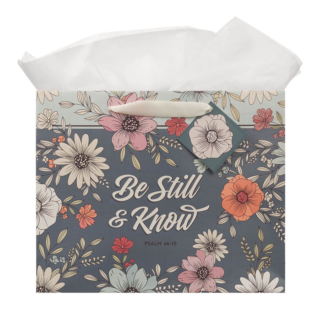 Be Still Teal Botanical Large Landscape Gift Bag - Psalm 46:10