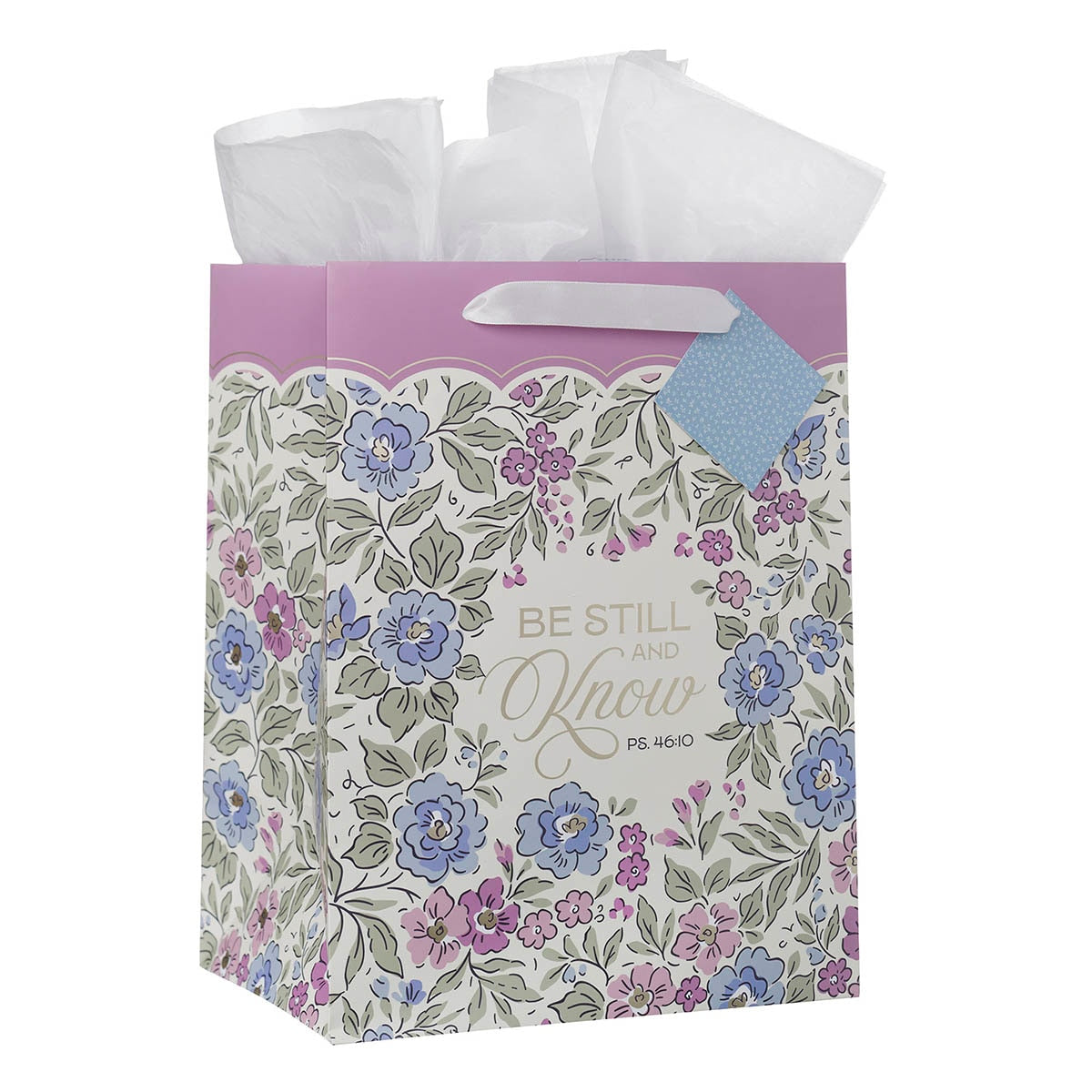 Be Still and Know Blue Floral Large Portrait Gift Bag - Psalm 46:10
