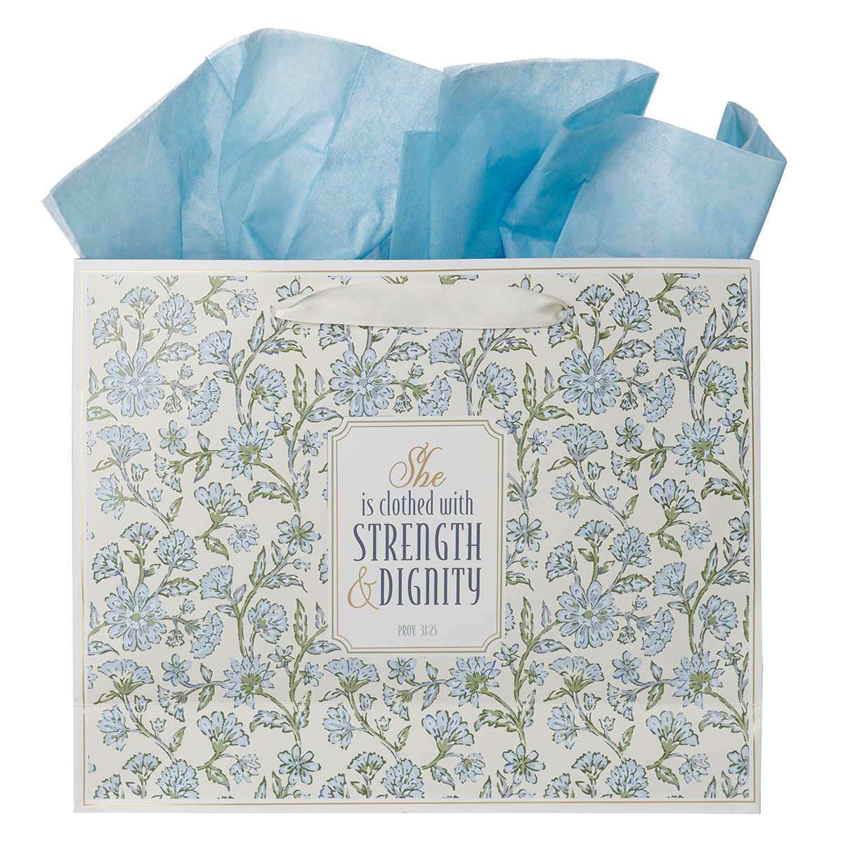 Strength and Dignity Blue Cottage Garden Large Landscape Gift Bag - Proverbs 31:25
