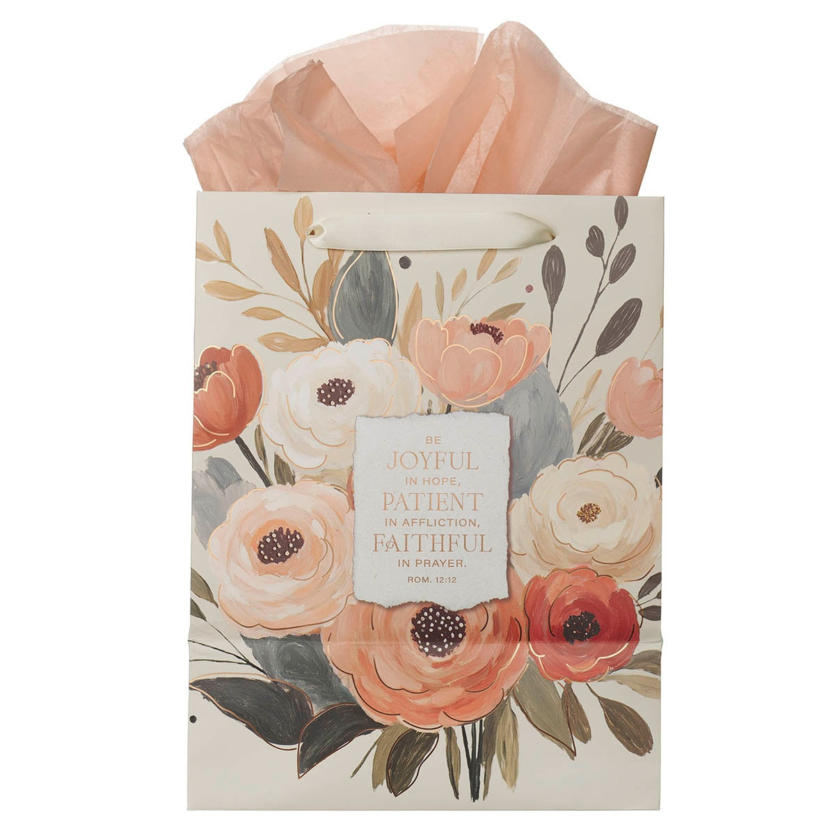 Joyful Patient Faithful Heirloom Floral Large Portrait Gift Bag - Romans 12:12