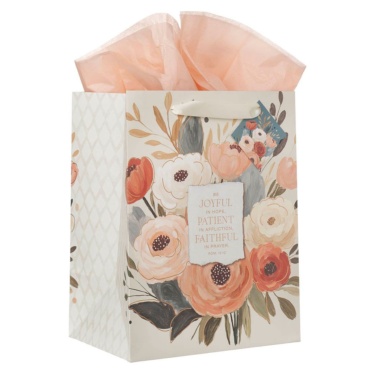 Joyful Patient Faithful Heirloom Floral Large Portrait Gift Bag - Romans 12:12