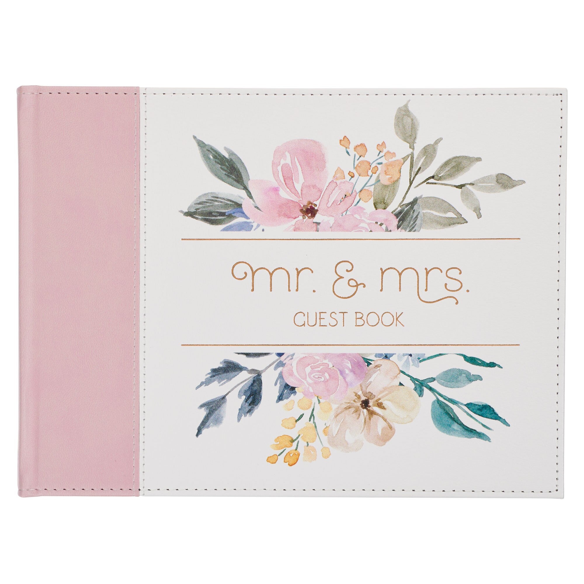 Pink Floral Mr. & Mrs. Medium Faux Leather  Wedding Guest Book  - 1 John 4:19