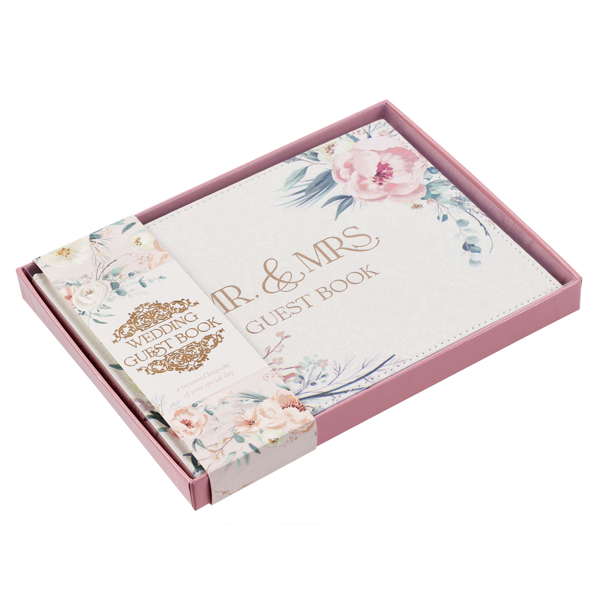 Mr. & Mrs. Peachy-pink Floral Faux Leather Medium Wedding Guest Book - 1 John 4:19