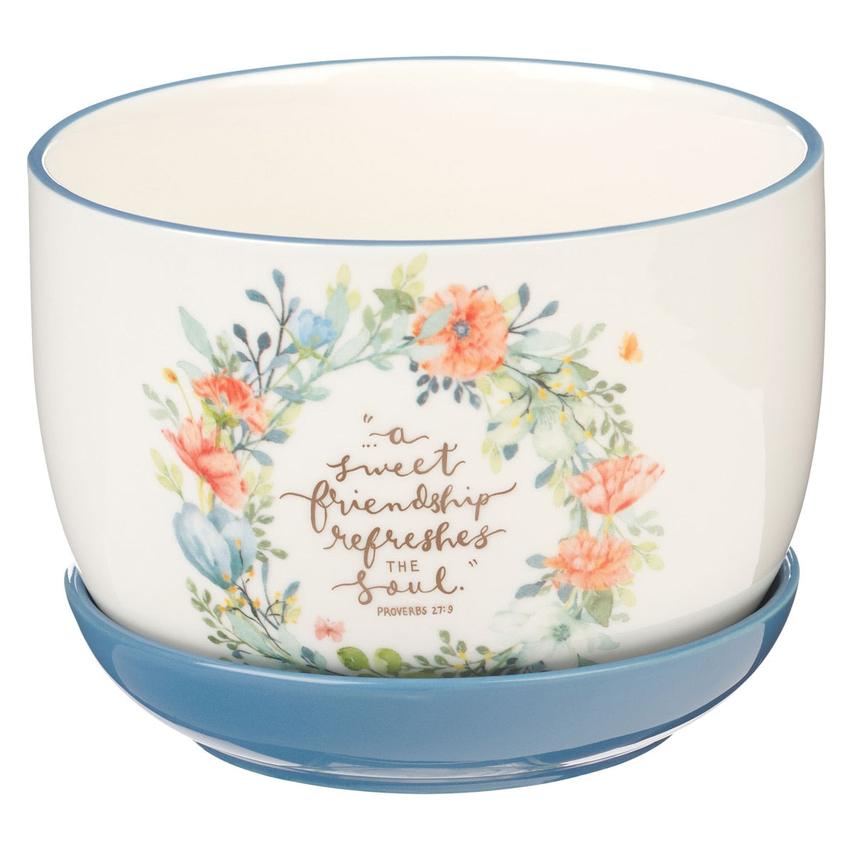 Sweet Friendship Bright Floral Wreath Ceramic Planter with Saucer - Proverbs 27:9