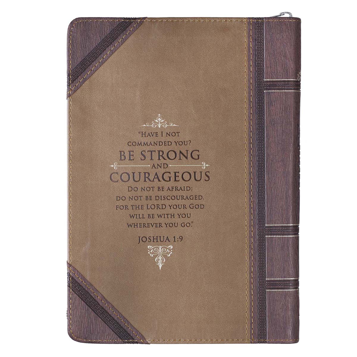 Strong and Courageous Walnut-Brown and Tan Faux Leather Classic Journal with Zipper Closure - Joshua 1:9