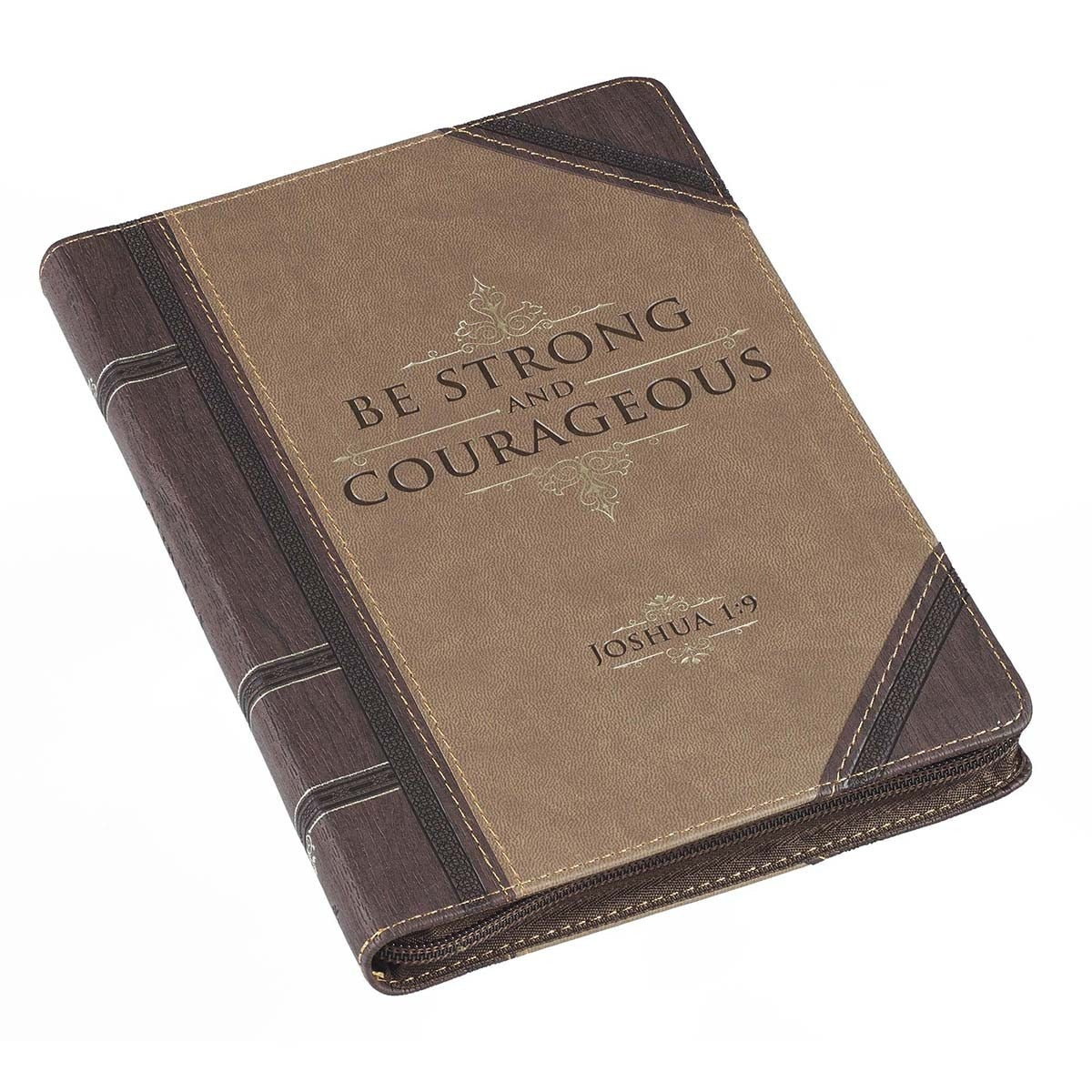 Strong and Courageous Walnut-Brown and Tan Faux Leather Classic Journal with Zipper Closure - Joshua 1:9