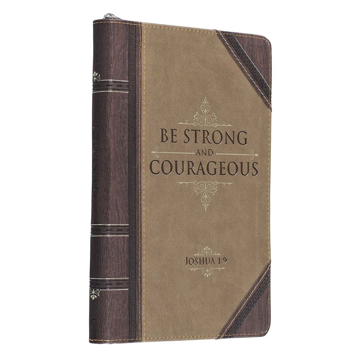 Strong and Courageous Walnut-Brown and Tan Faux Leather Classic Journal with Zipper Closure - Joshua 1:9
