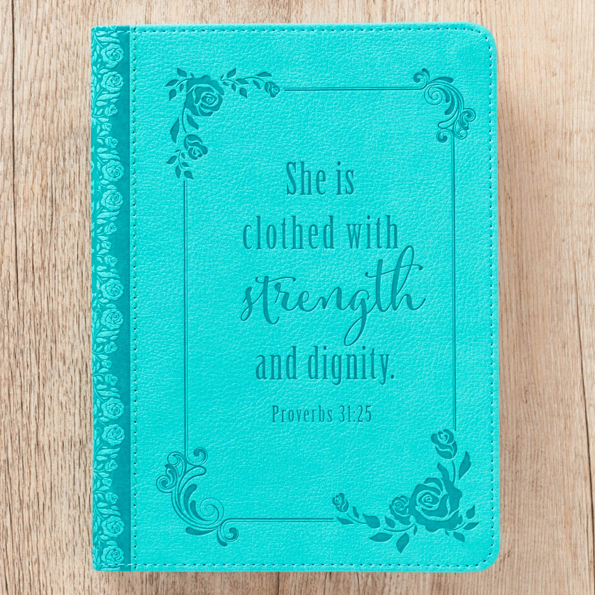  Strength and Dignity Teal Faux Leather Handy-sized Journal - Proverbs 31:25