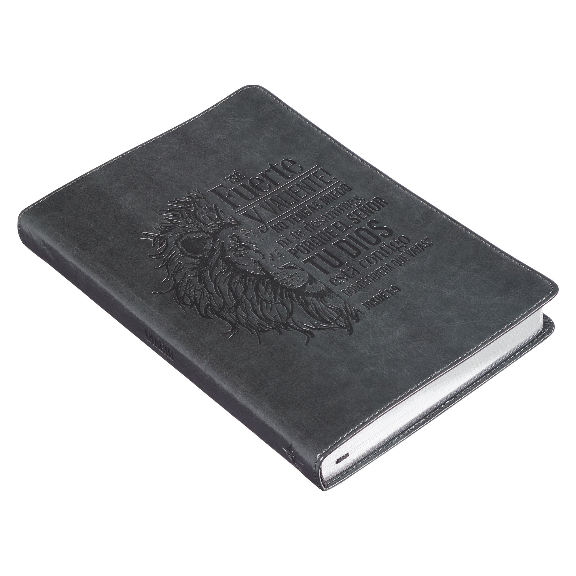 Diario clásico de piel sintética gris con cierre de cremallera «Sé fuerte y valiente» - Josué 1:9